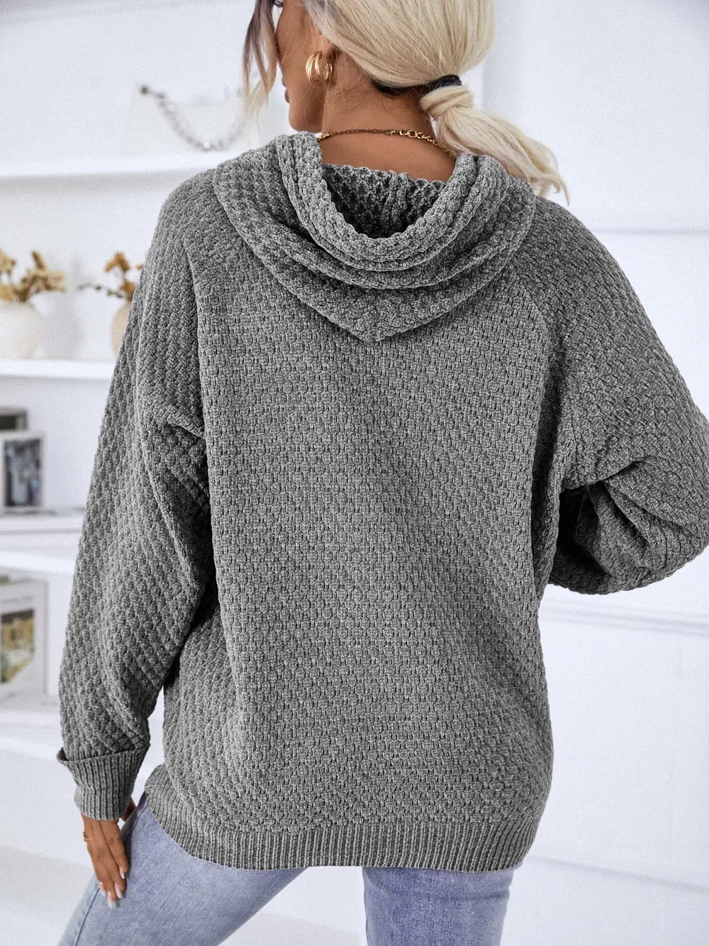 Texture Drawstring Long Sleeve Hooded Sweater, image 14