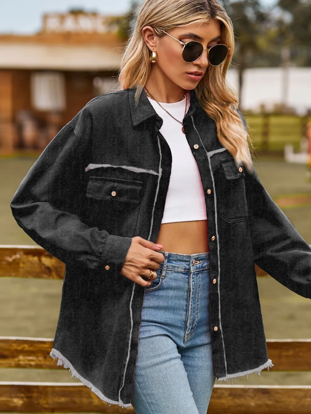 Button Up Collared Neck Raw Hem Denim Top, image 16