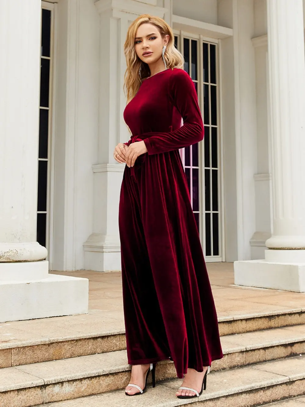 Tie Front Round Neck Long Sleeve Maxi Dress, image 17