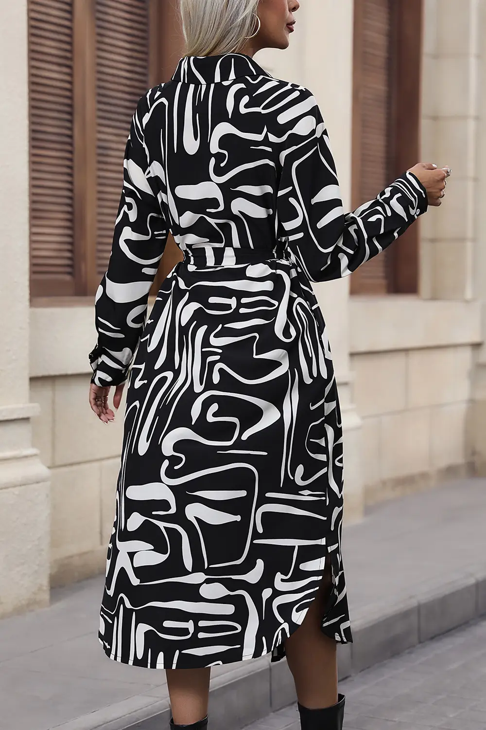 Printed Tie Front Collared Neck Slit Shirt Dress, image 2