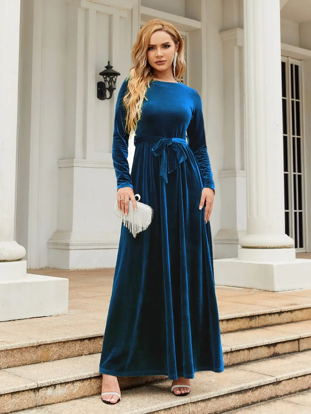 Tie Front Round Neck Long Sleeve Maxi Dress, image 18