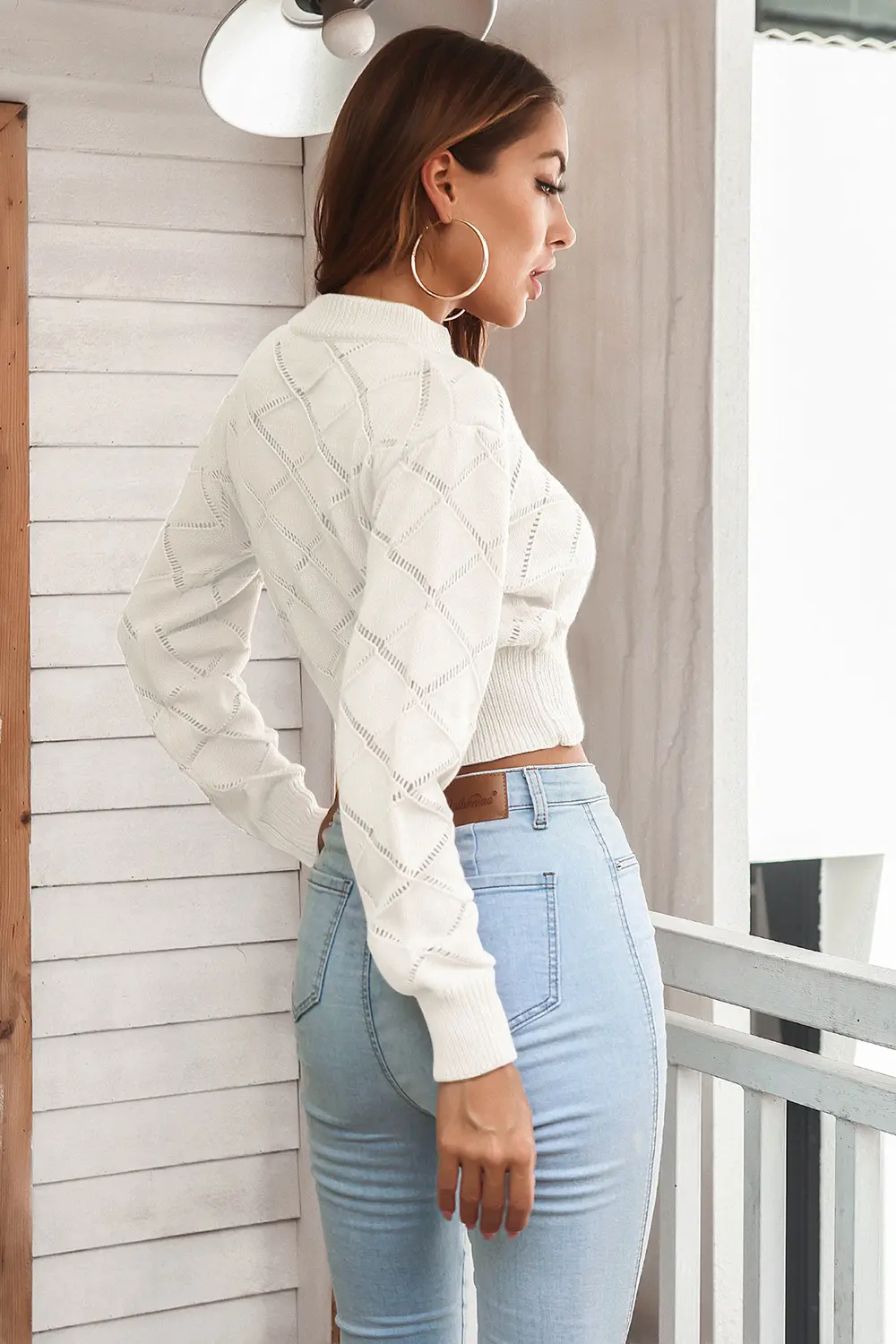Openwork Plaid Round Neck Cropped Sweater, image 9