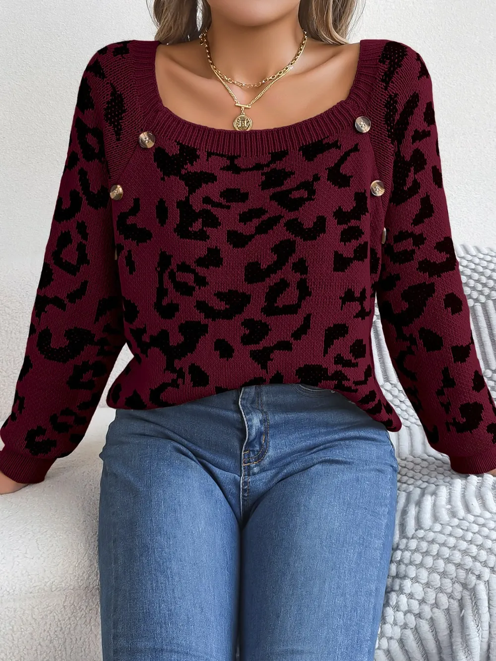 Leopard Buttoned Square Neck Sweater, image 10