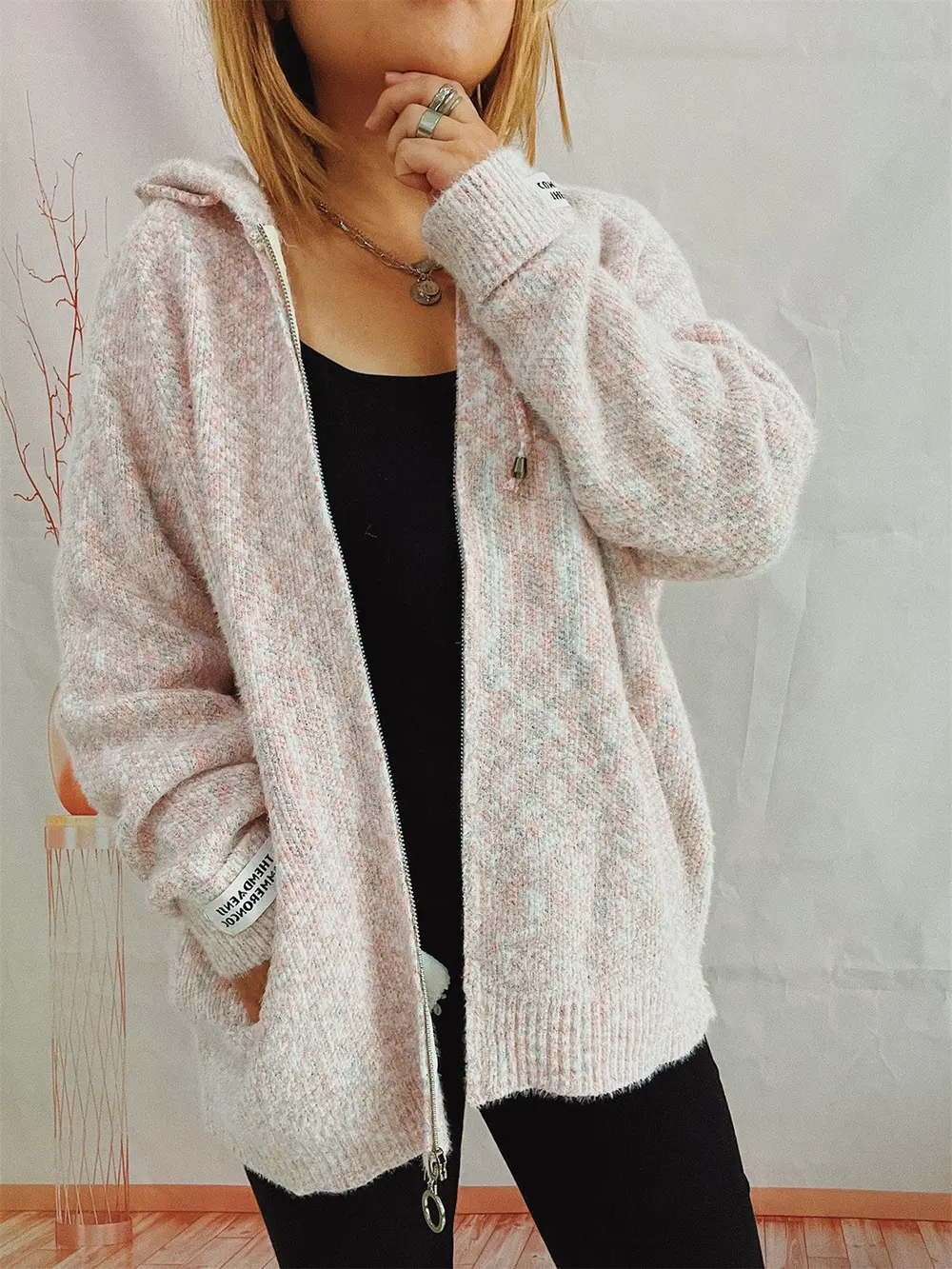 Zip Up Drawstring Long Sleeve Hooded Sweater, image 6