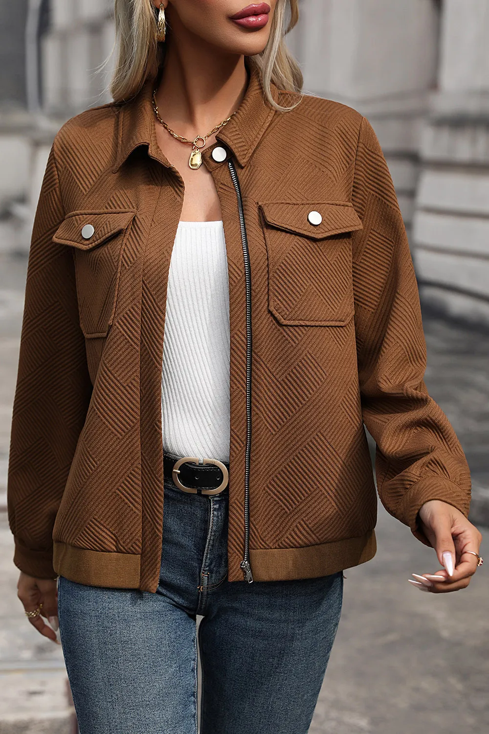 Textured Zip Up Collared Neck Jacket, image 6