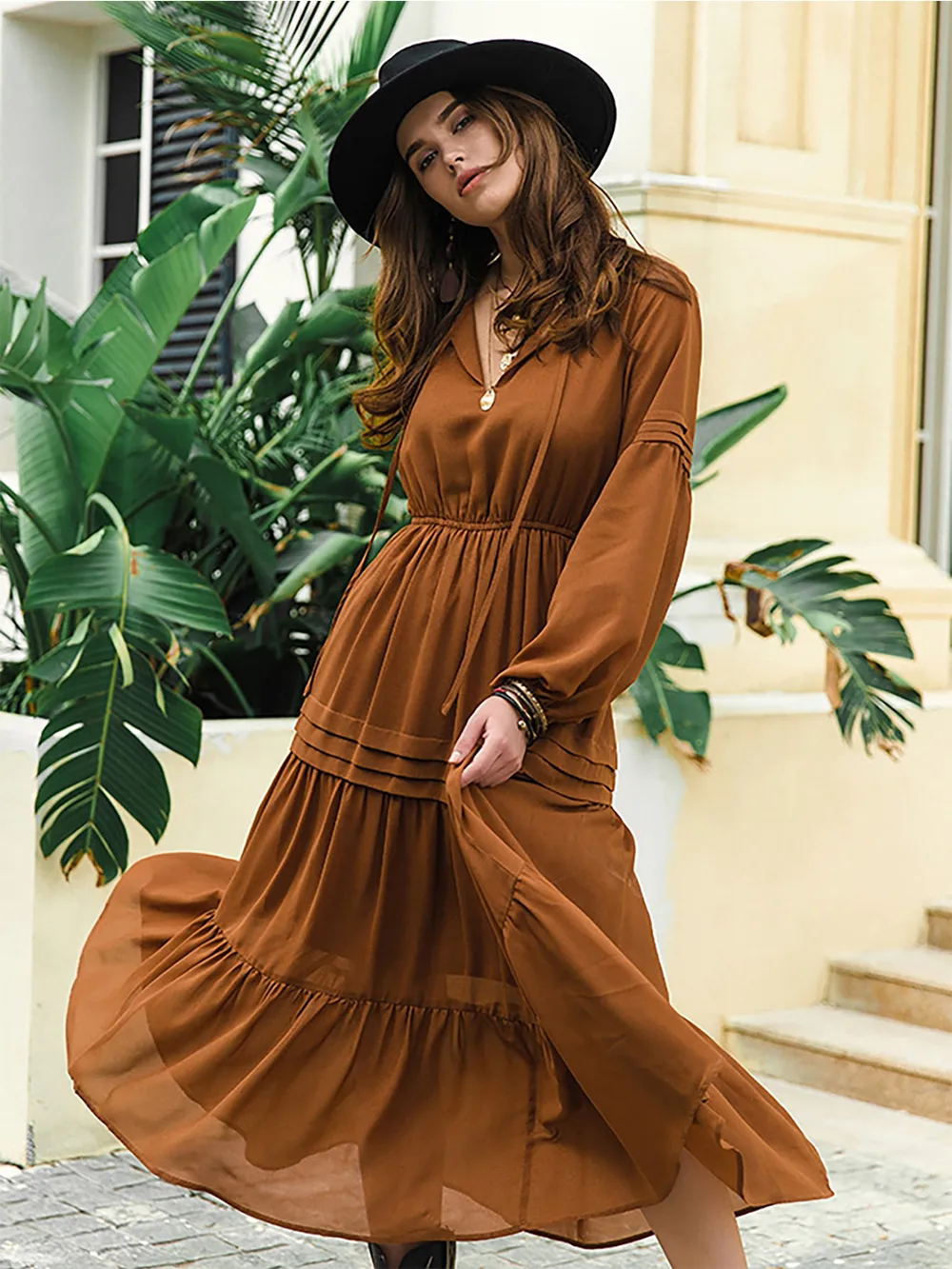 Tie Neck Long Sleeve Midi Tiered Dress, image 27