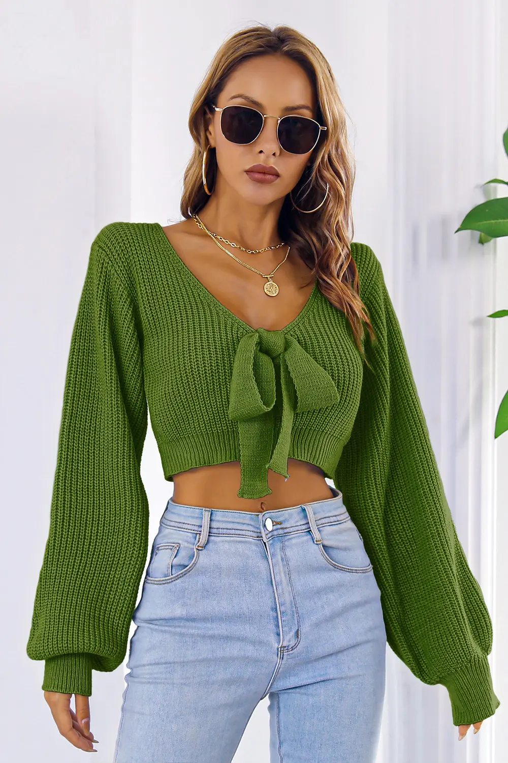 Bow V-Neck Long Sleeve Cropped Sweater, image 15