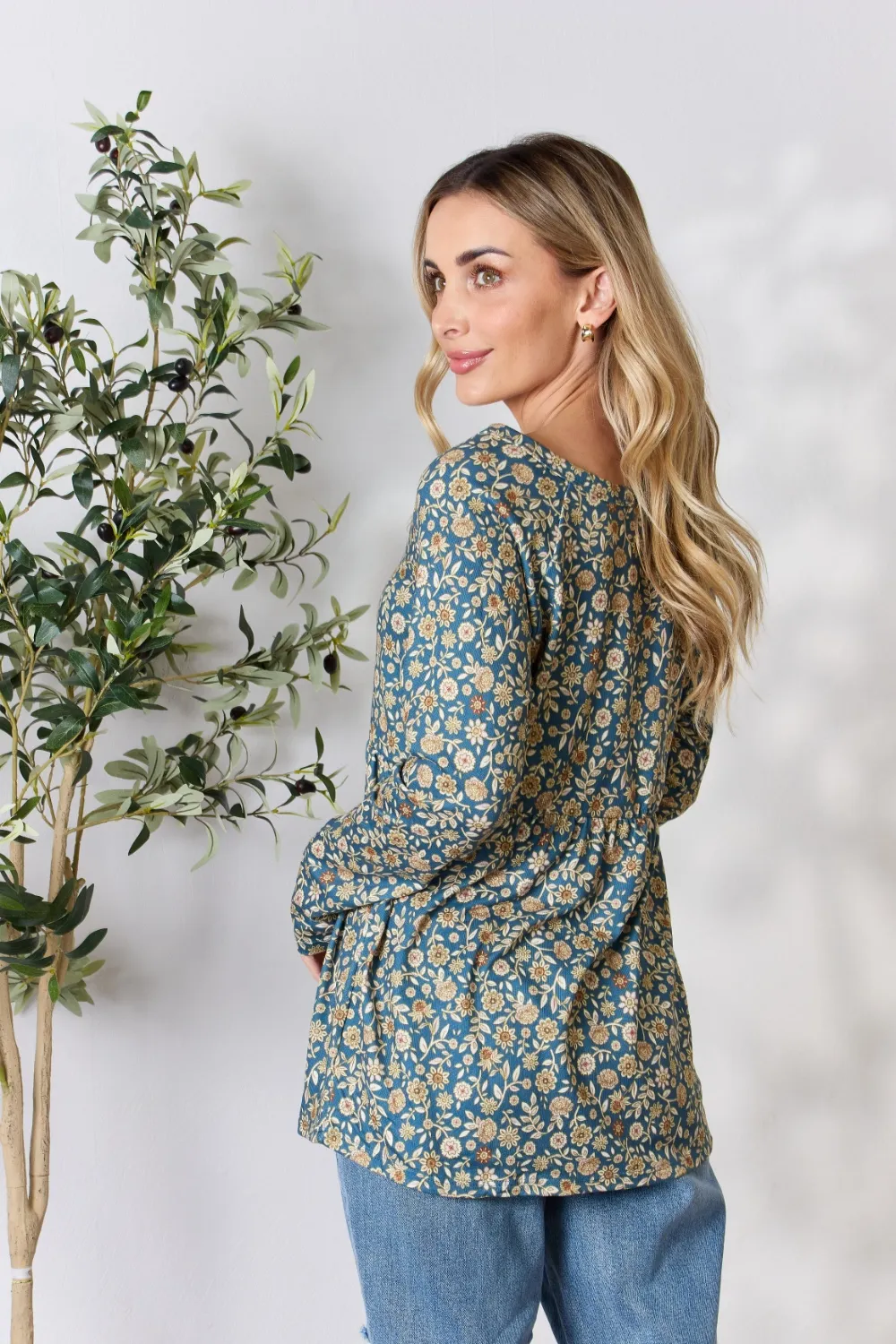 Full Size Floral Half Button Long Sleeve Blouse, image 3