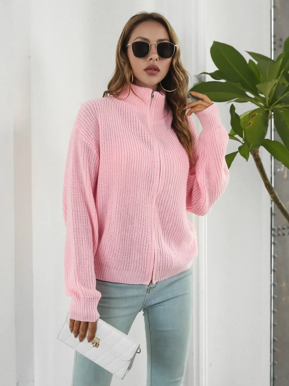 Turtleneck Zip Up Long Sleeve Knit Top, image 6