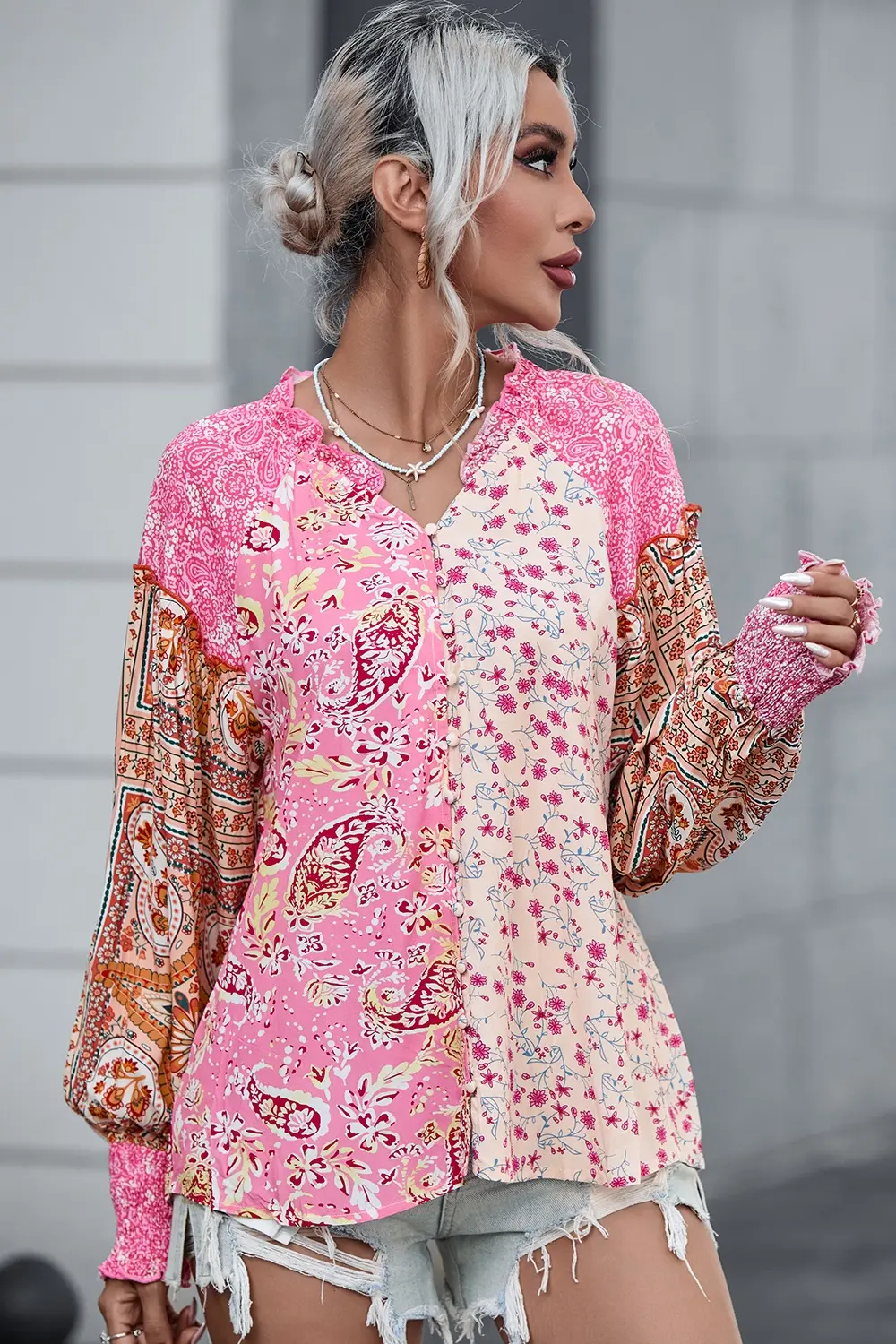 Floral Printed Puff Sleeve V-Neck Shirt, image 4