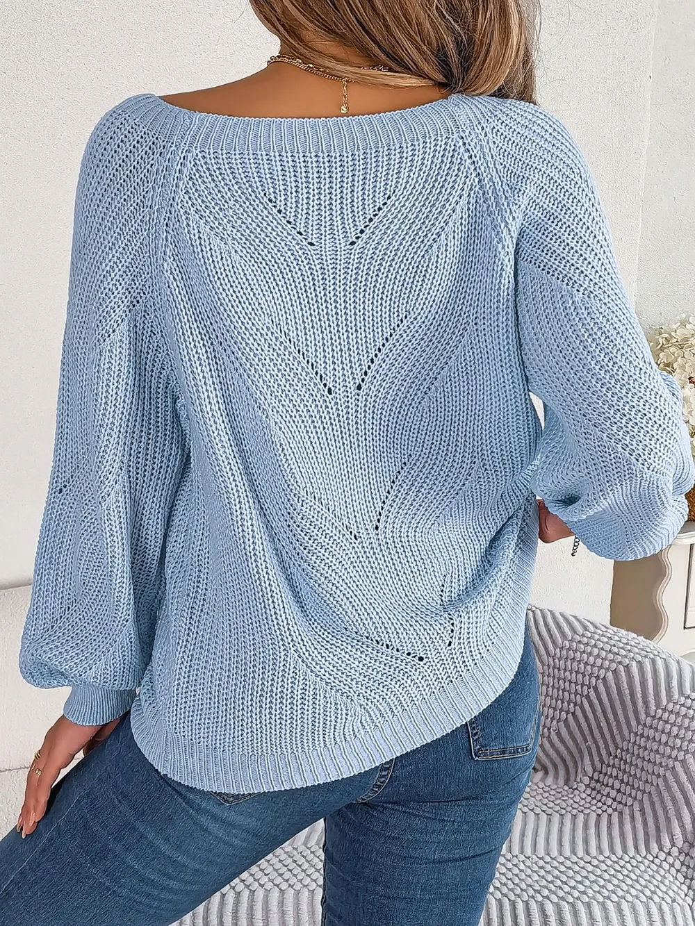 Openwork Buttoned Square Neck Sweater, image 3