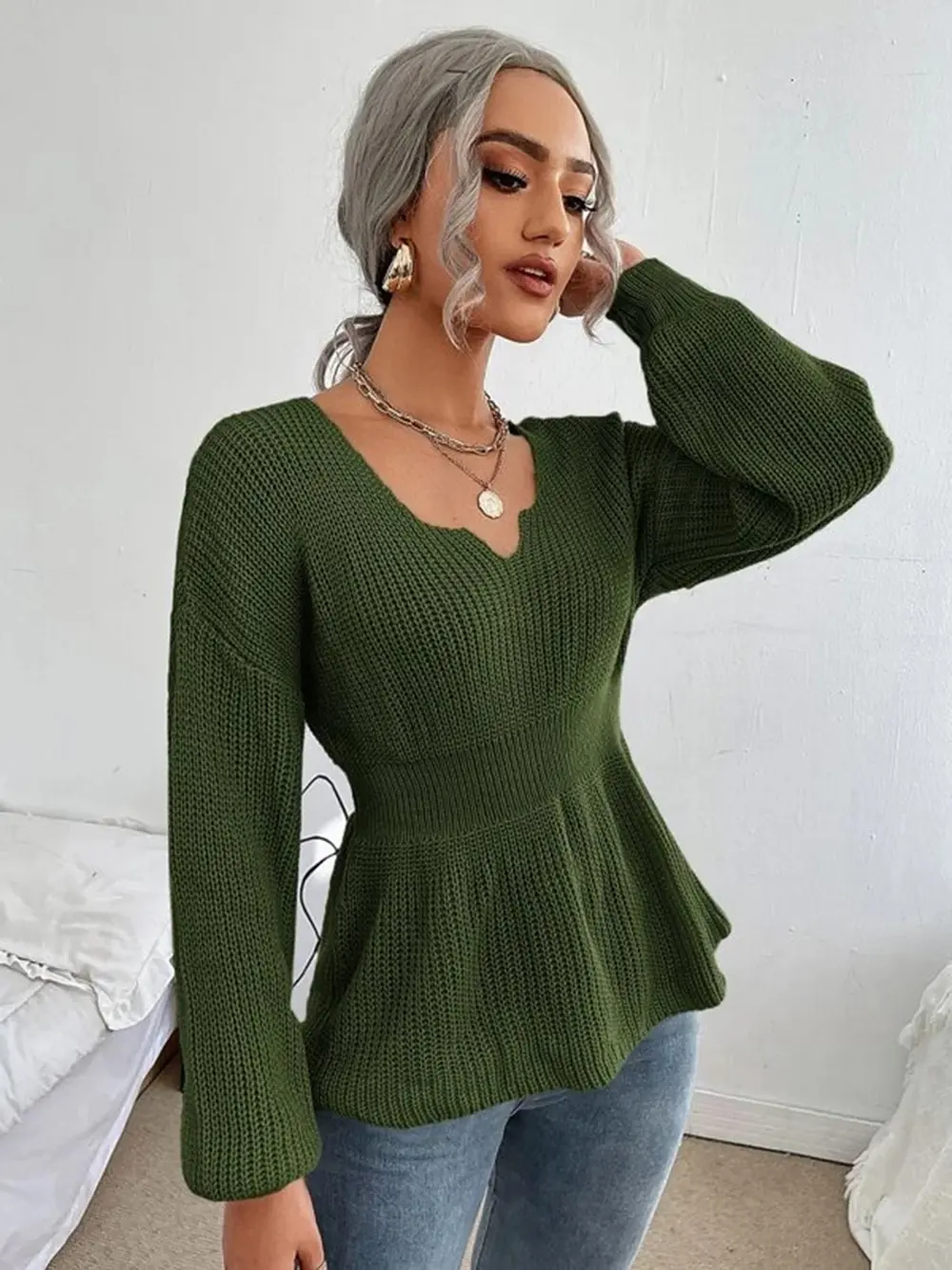 Notched Dropped Shoulder Knit Top, image 12