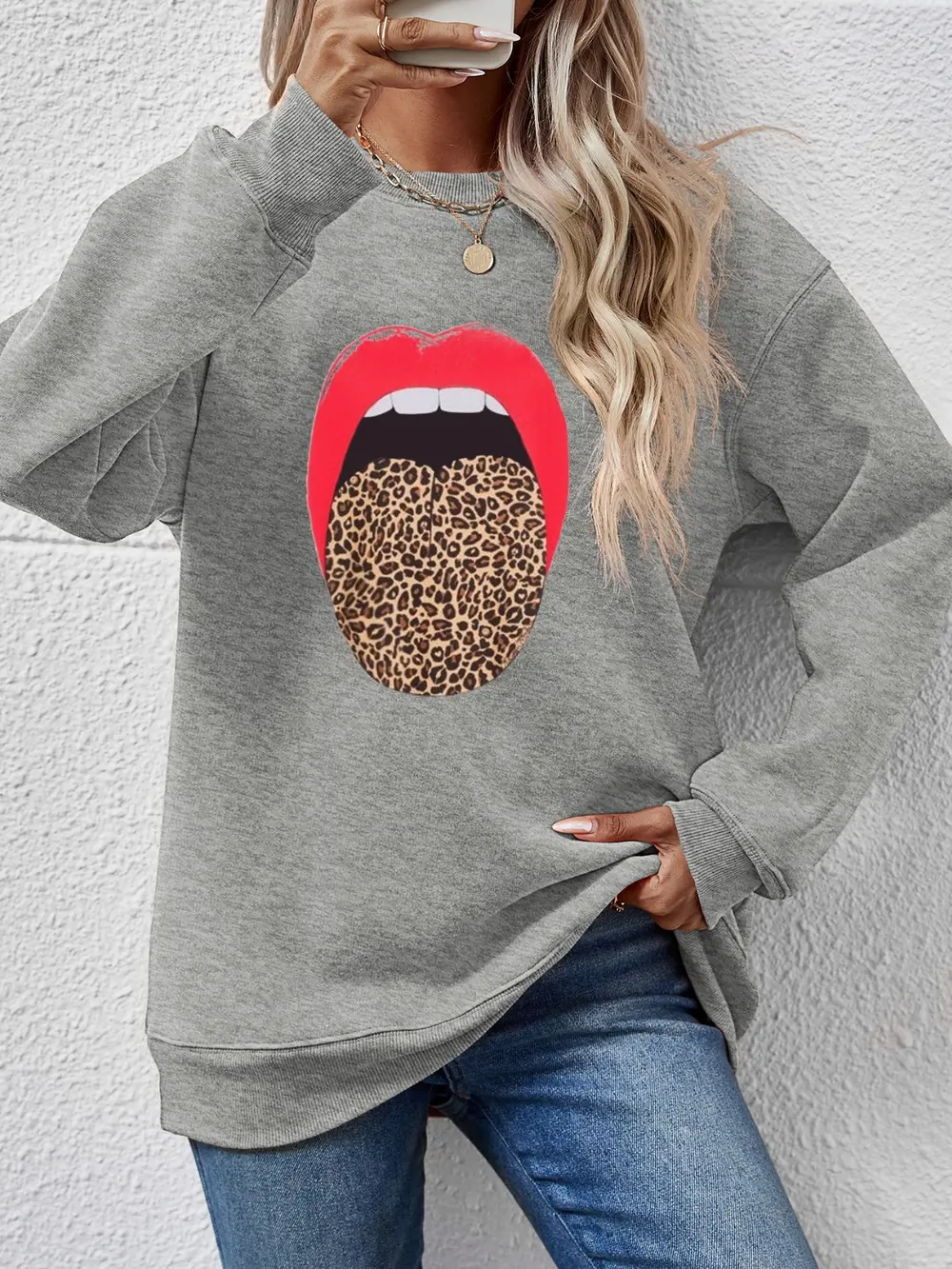 Leopard Lip Graphic Round Neck Sweatshirt, image 11