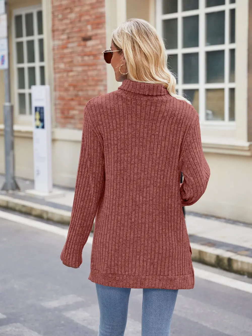Ribbed Turtleneck Long Sleeve Slit Knit Top, image 14