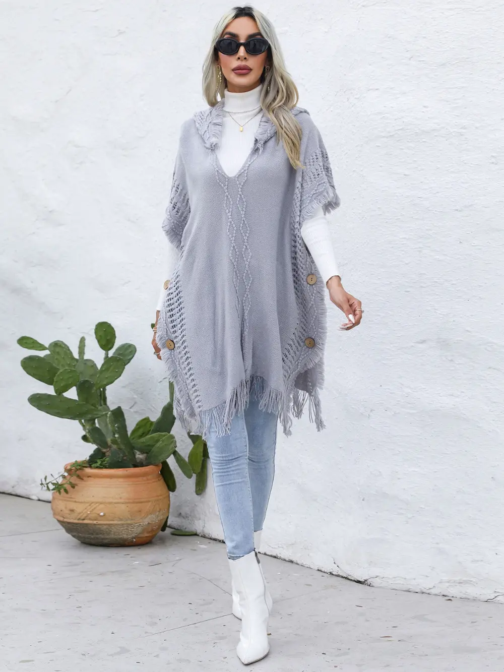 Fringe Trim Buttoned Hooded Poncho, image 4