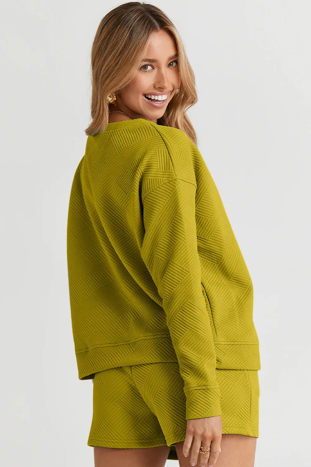 Full Size Texture Long Sleeve Top and Drawstring Shorts Set, image 19