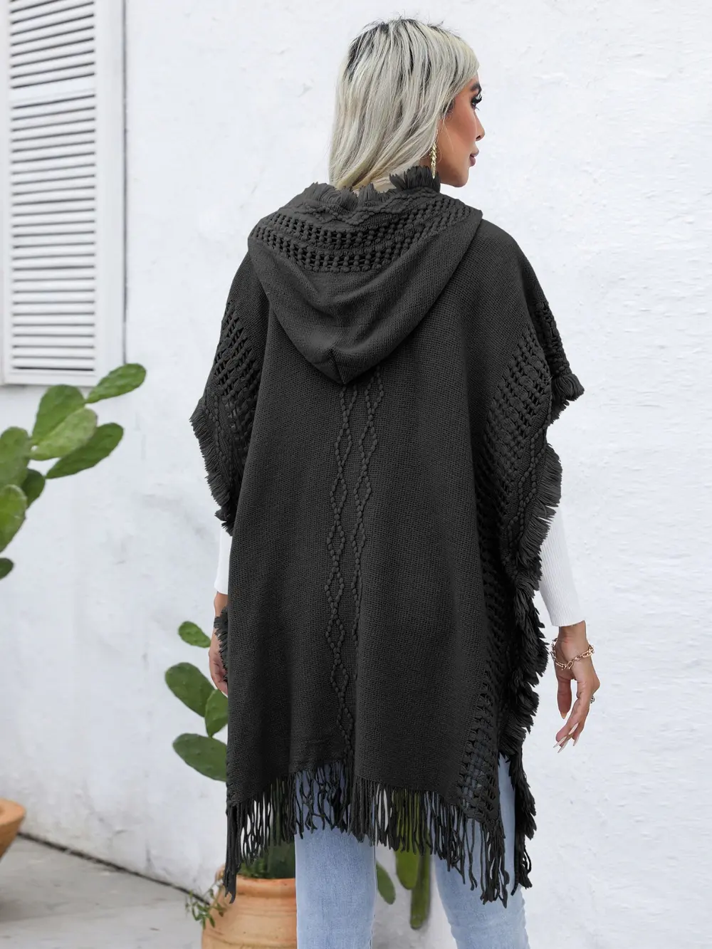 Fringe Trim Buttoned Hooded Poncho, image 12