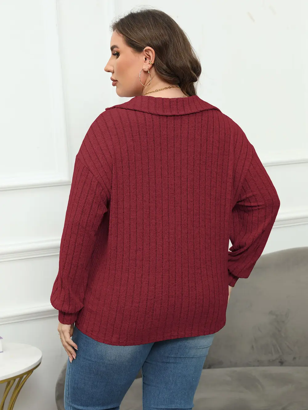 Plus Size Ribbed Collared Neck Long Sleeve Blouse, image 3