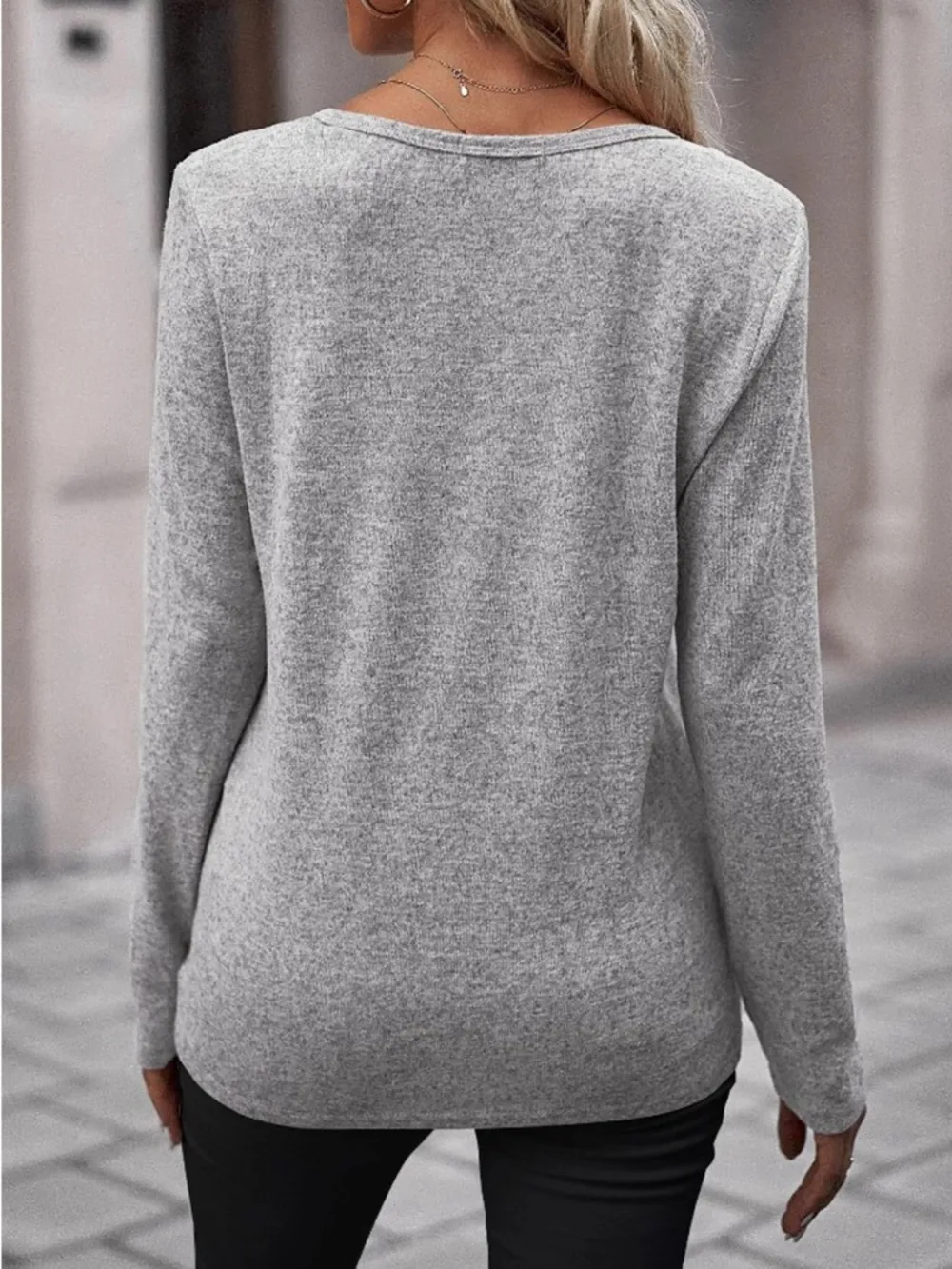 Round Neck Buttoned Long Sleeve T-Shirt, image 15