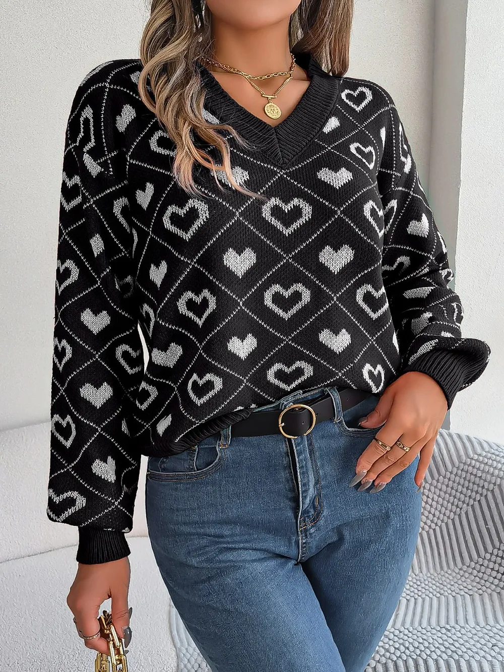 Heart Pattern V-Neck Long Sleeve Sweater, image 10