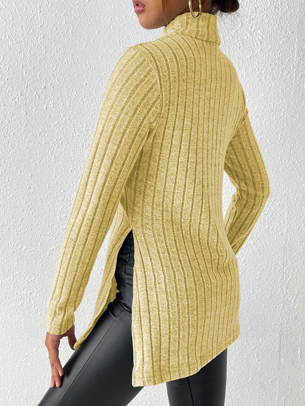 Ribbed Turtleneck Long Sleeve Slit T-Shirt, image 10