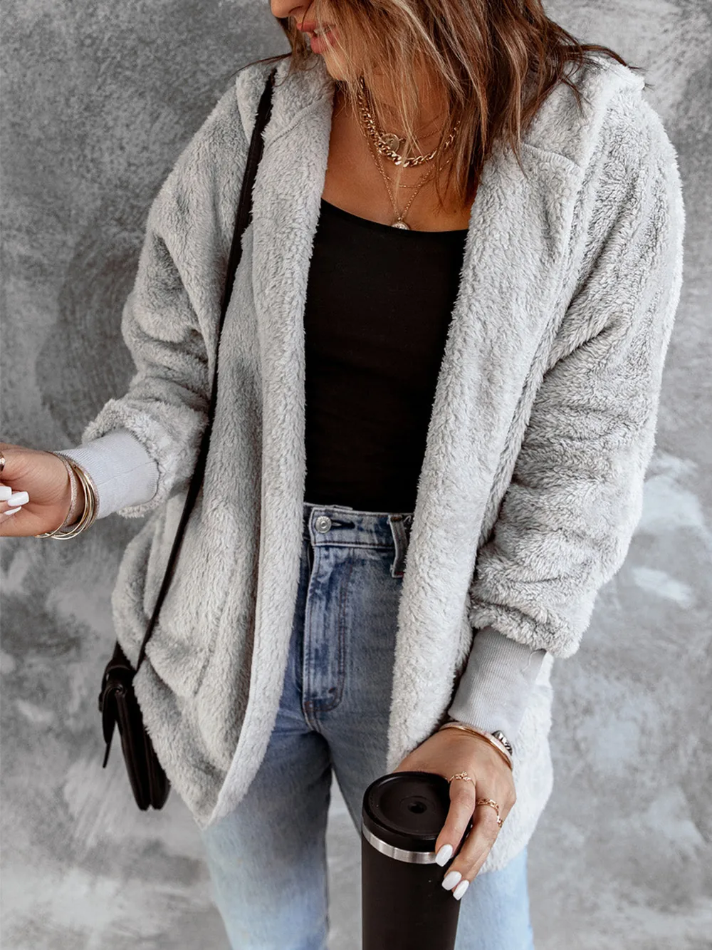 Open Front Hooded Faux Fur Outwear with Pockets, image 4