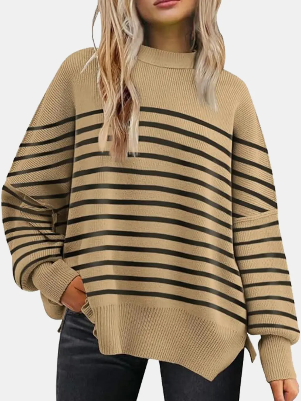 Round Neck Drop Shoulder Slit Sweater, image 6
