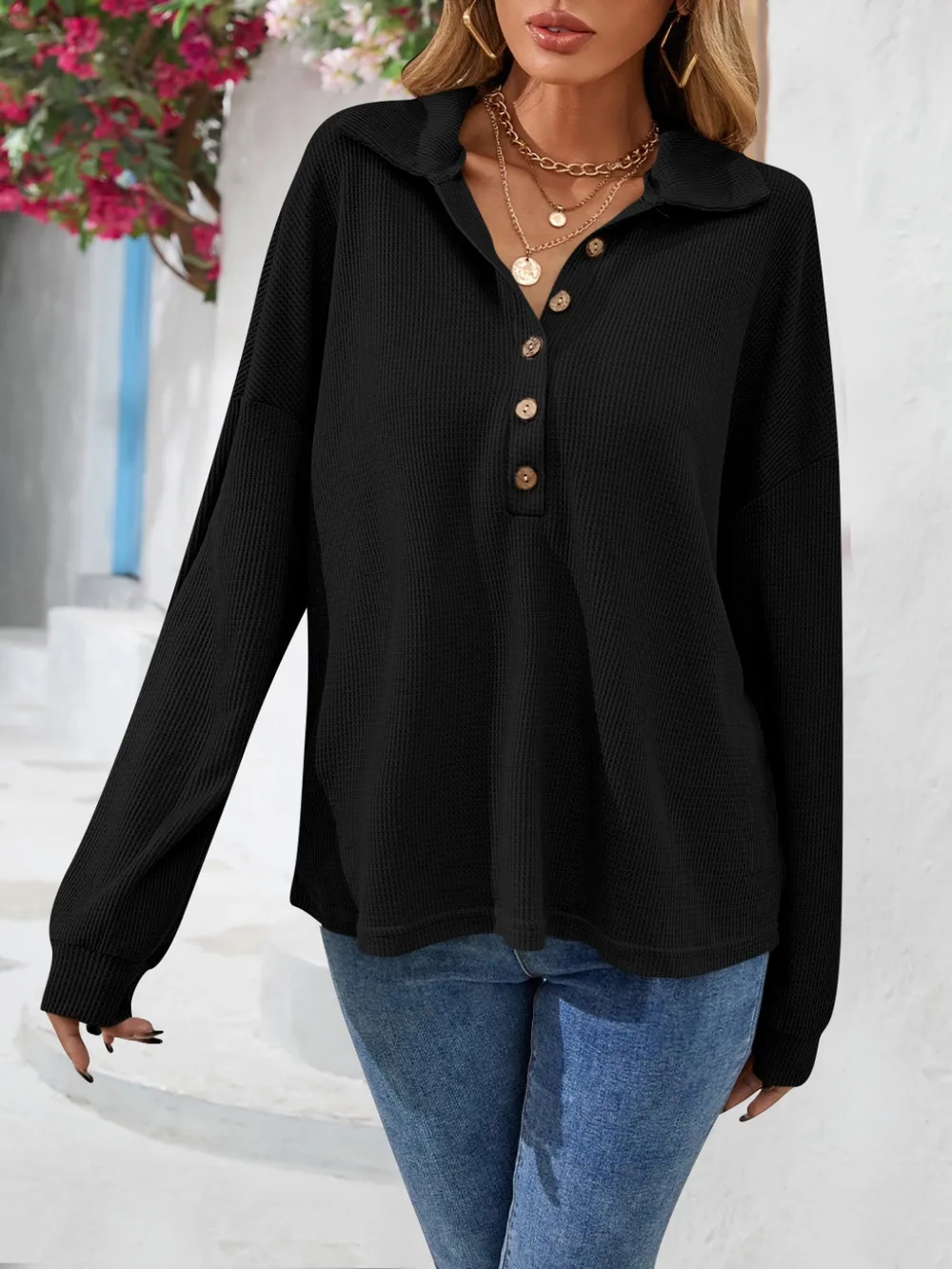 Half Button Collared Neck Long Sleeve Top, image 5