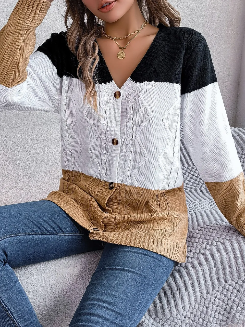 Cable-Knit Striped Button Up Cardigan, image 6
