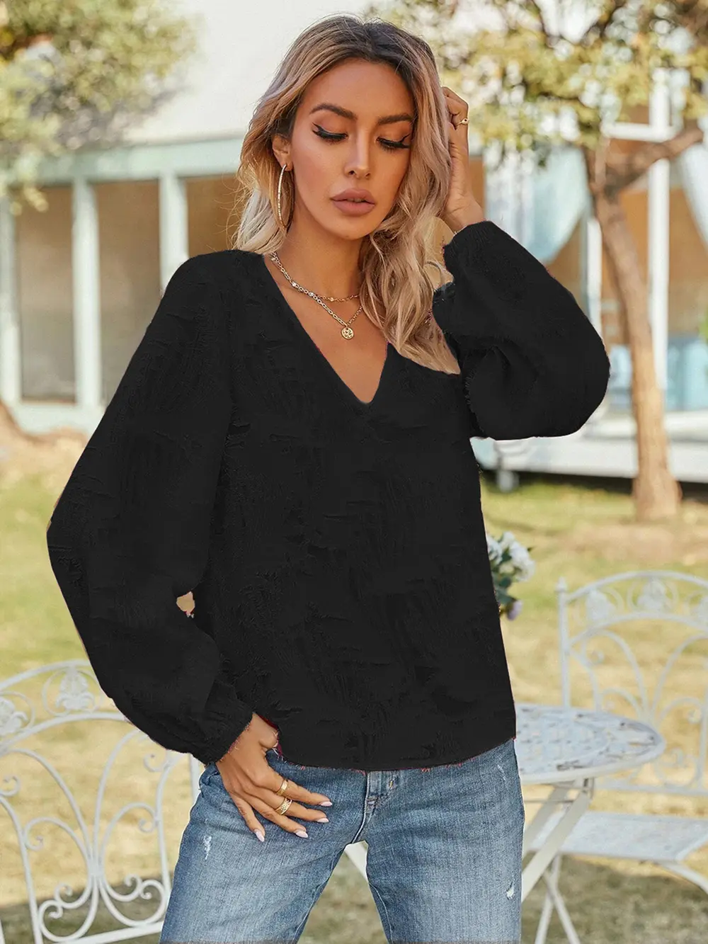 V-Neck Long Sleeve Blouse, image 10