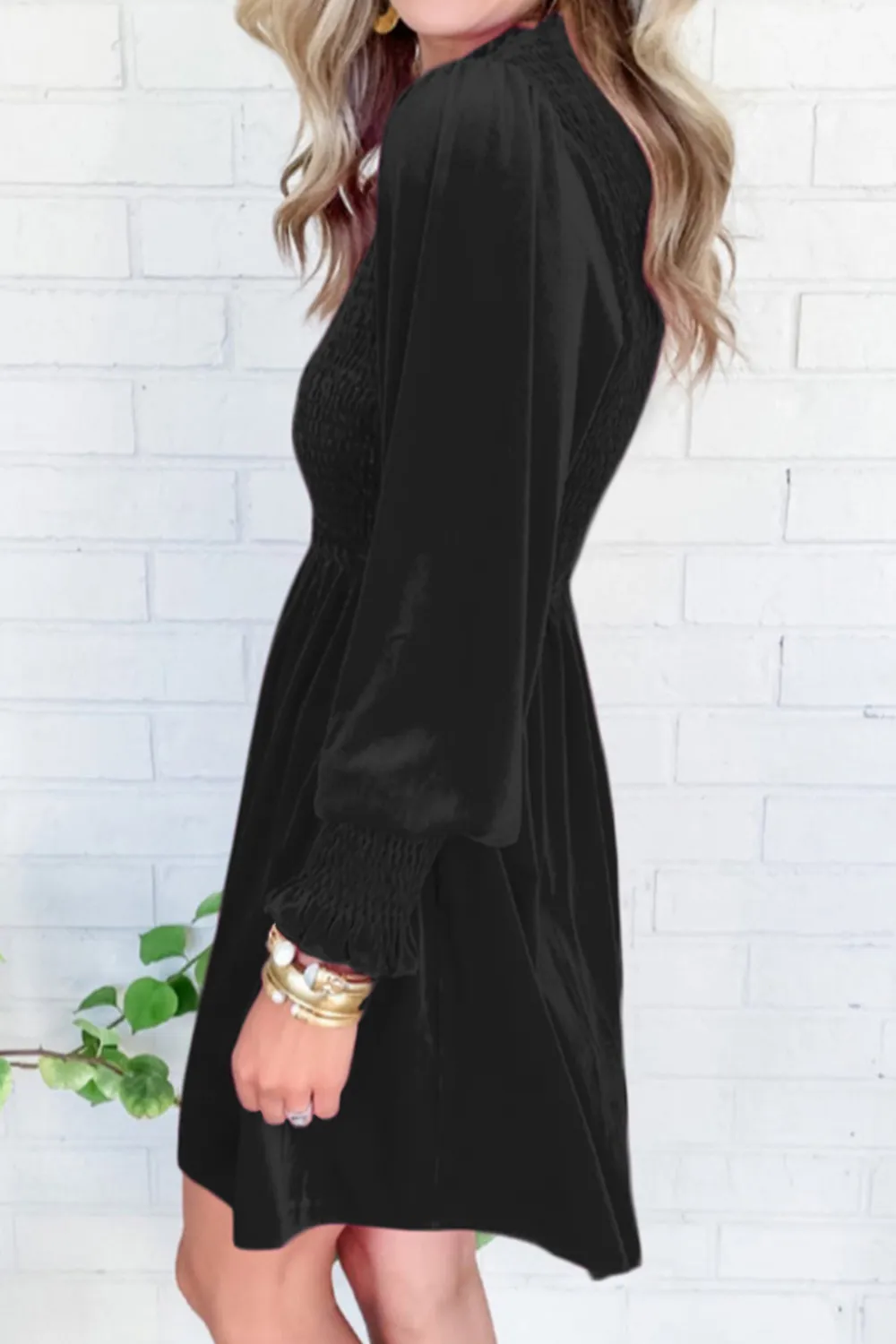 Smocked Round Neck Long Sleeve Dress, image 8