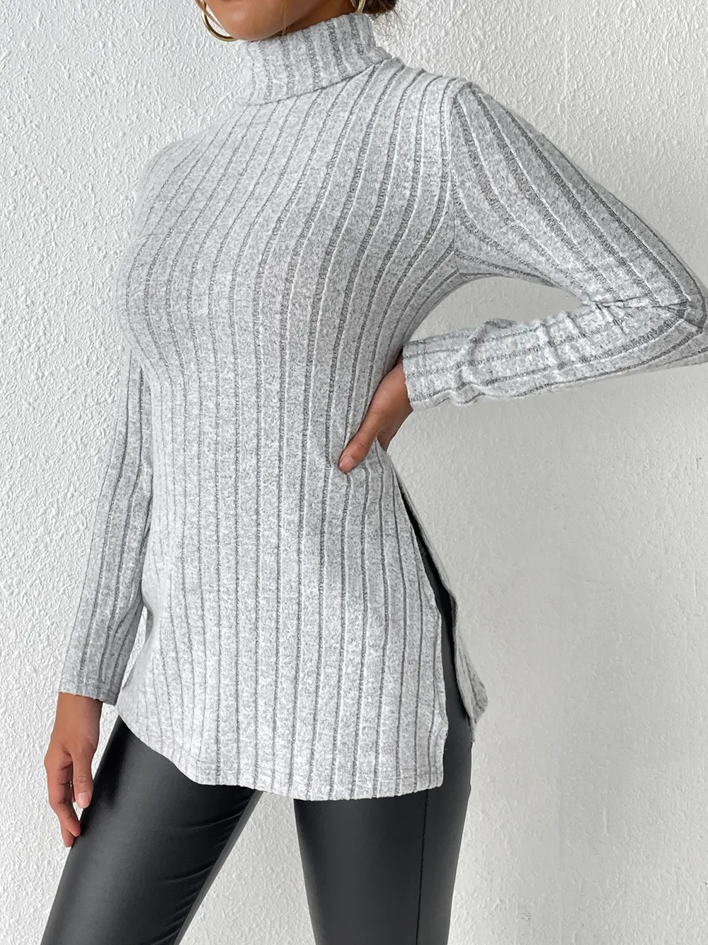 Ribbed Turtleneck Long Sleeve Slit T-Shirt, image 5