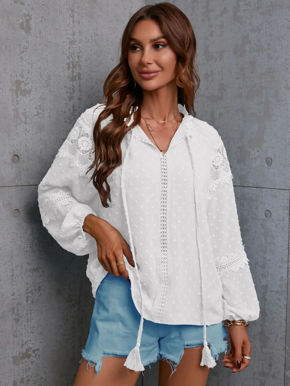 Crochet Tassel Tie Neck Long Sleeve Blouse, image 4