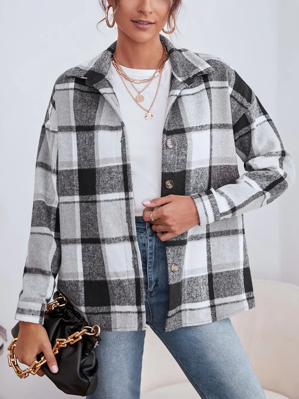 Plaid Collared Neck Button Down Jacket, image 10