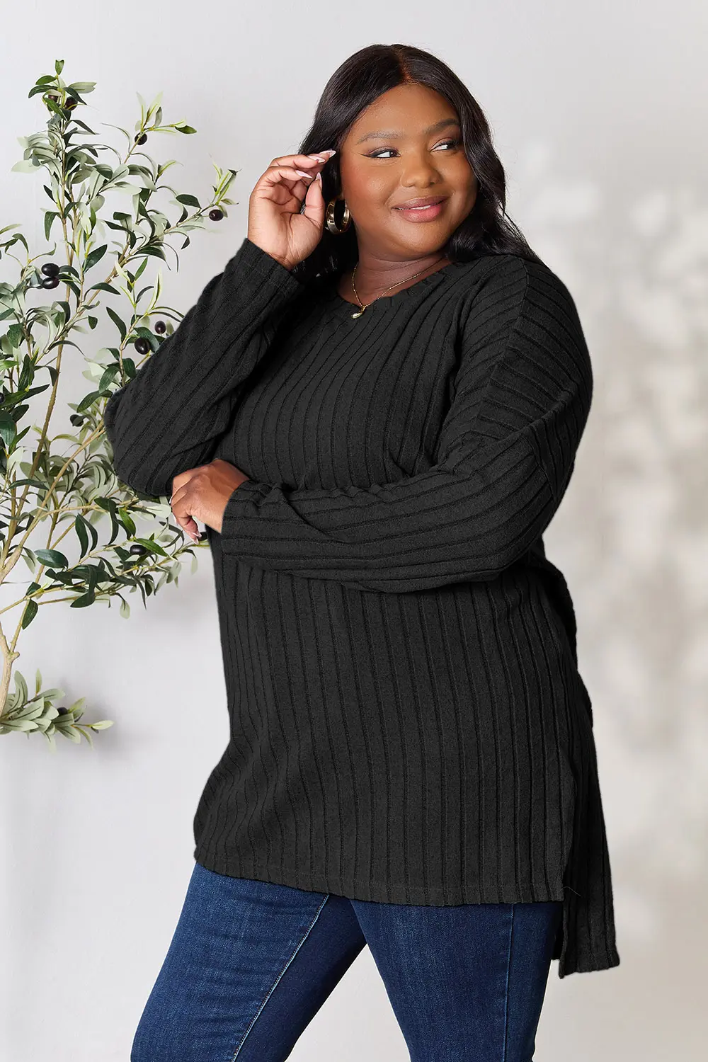 Full Size Ribbed Round Neck Long Sleeve Slit Top, image 34