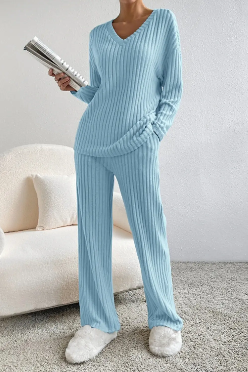 Ribbed V-Neck Top and Pants Set, image 13