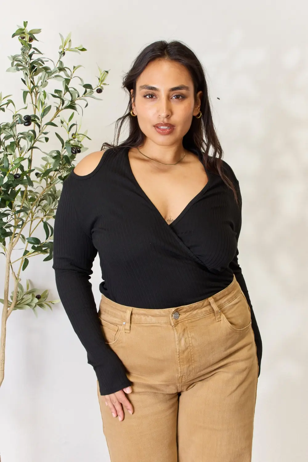Full Size Ribbed Surplice Cold Shoulder Top, image 7