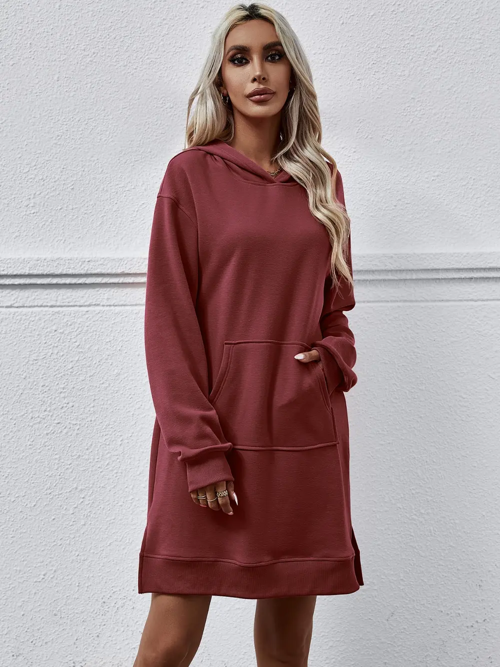 Slit Long Sleeve Hooded Dress with Pocket, image 14