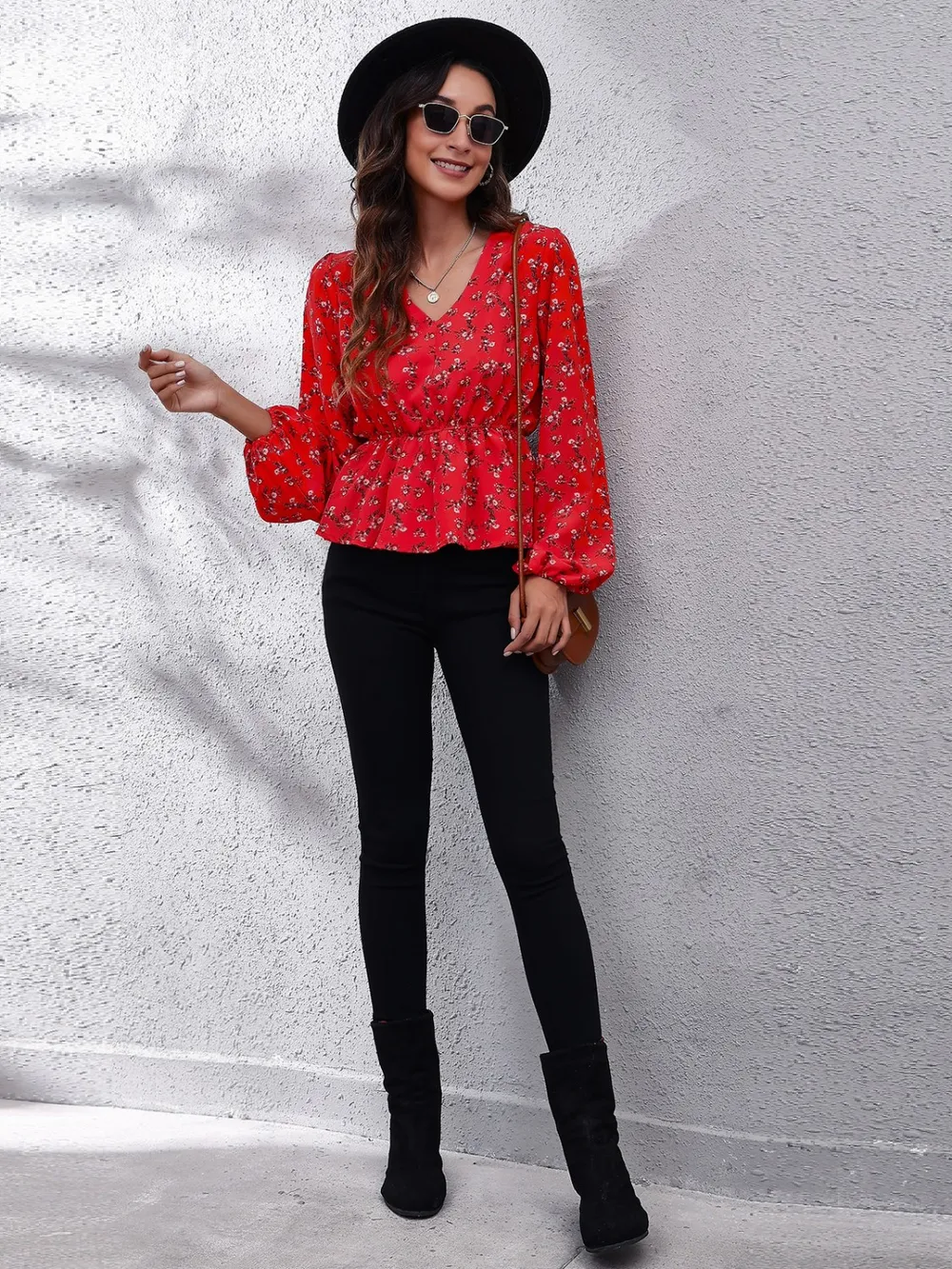 Floral V-Neck Balloon Sleeve Peplum Blouse, image 5