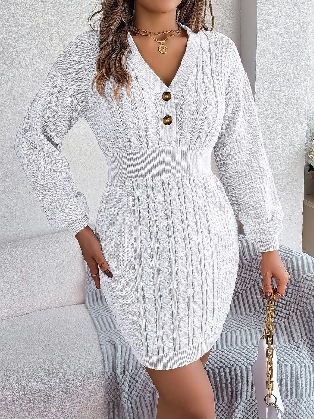 Buttoned Cable-Knit V-Neck Sweater Dress, image 8