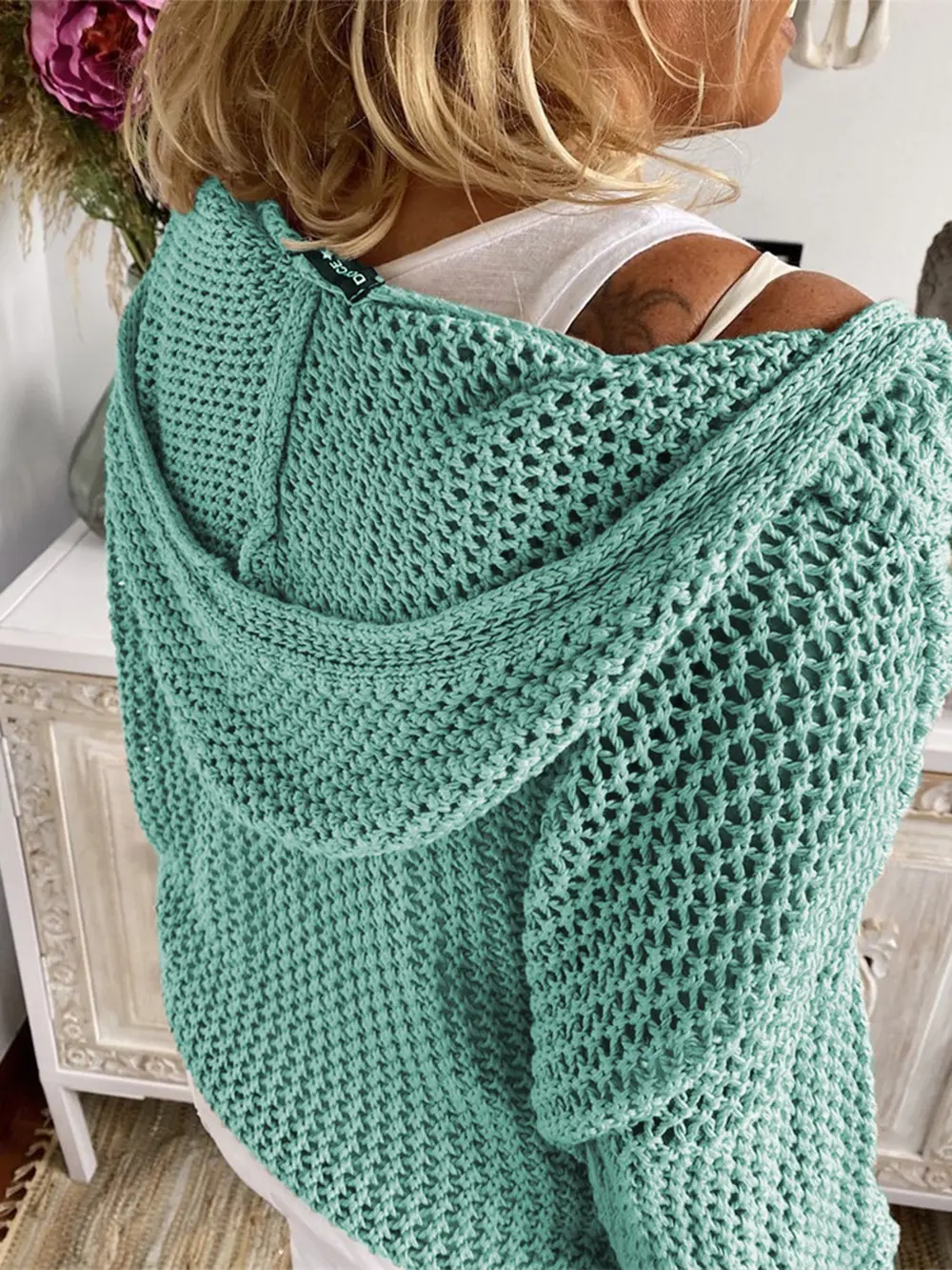 Openwork Hooded Long Sleeve Sweater, image 6