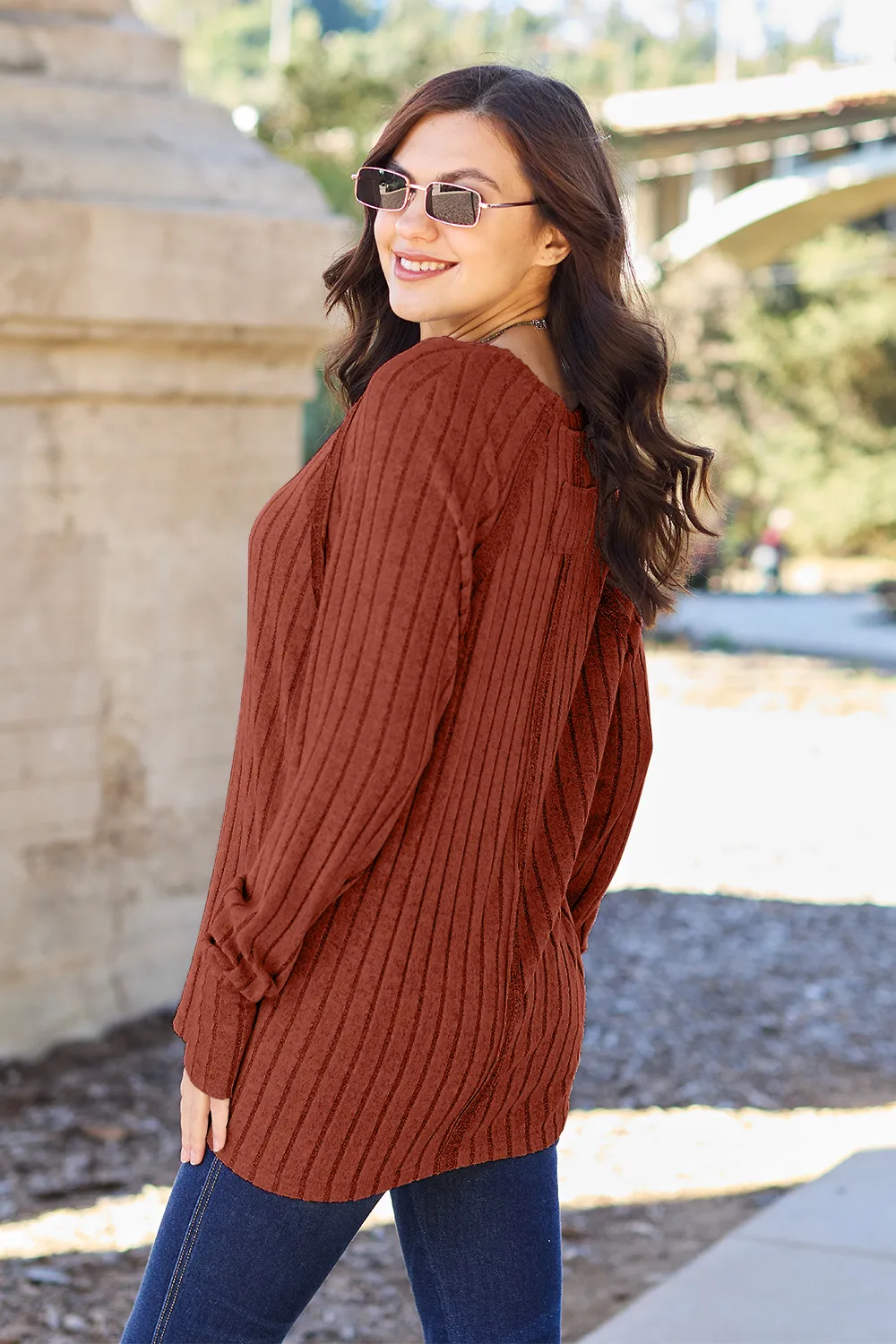 Full Size Ribbed Round Neck Long Sleeve Knit Top, image 15