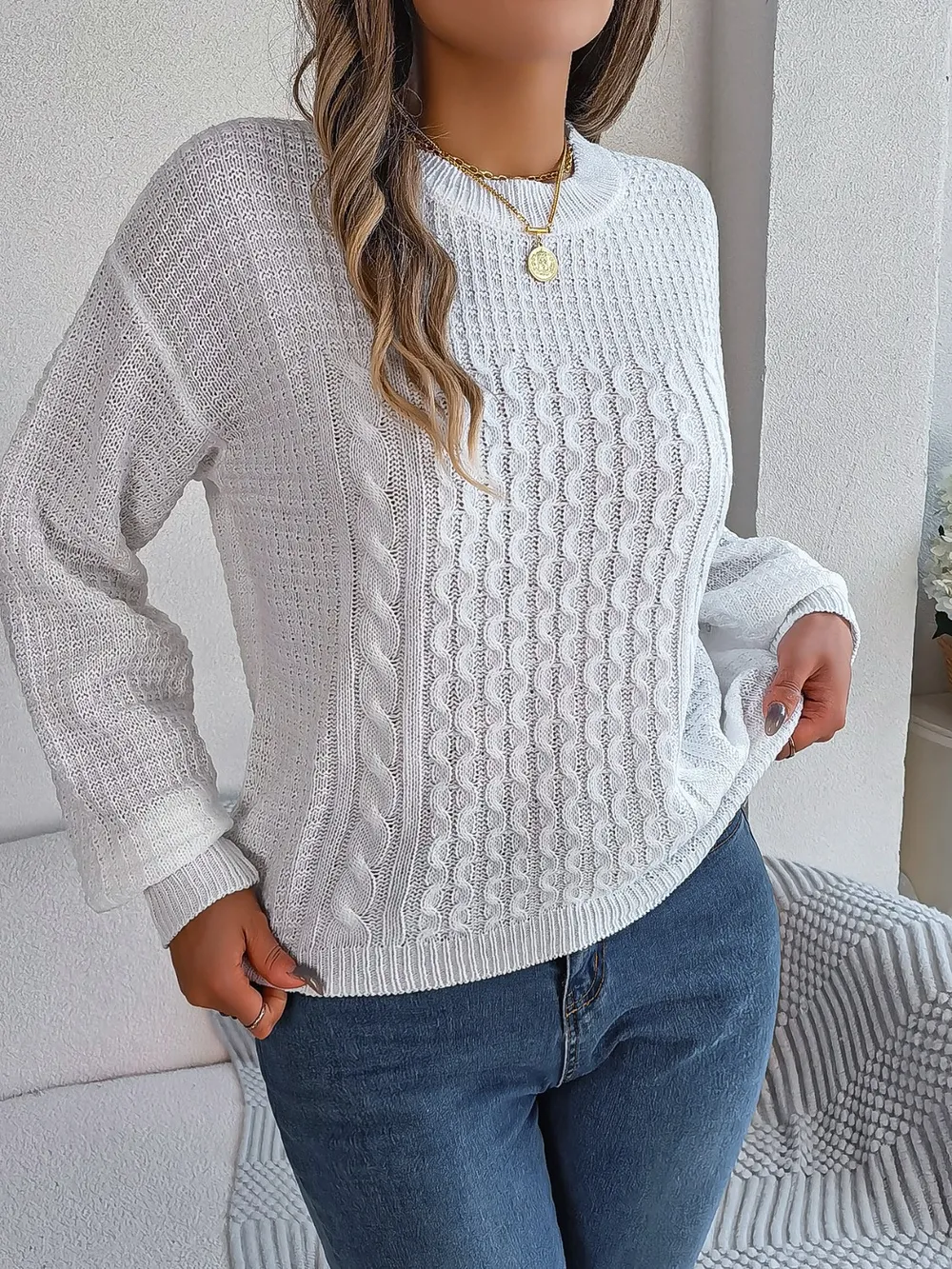 Cable-Knit Round Neck Long Sleeve Sweater, image 7