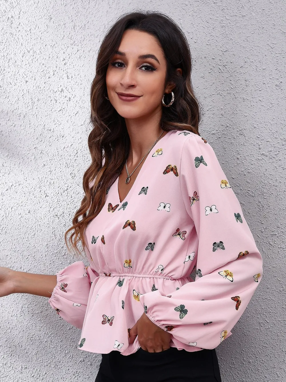 Butterfly V-Neck Balloon Sleeve Peplum Blouse, image 3