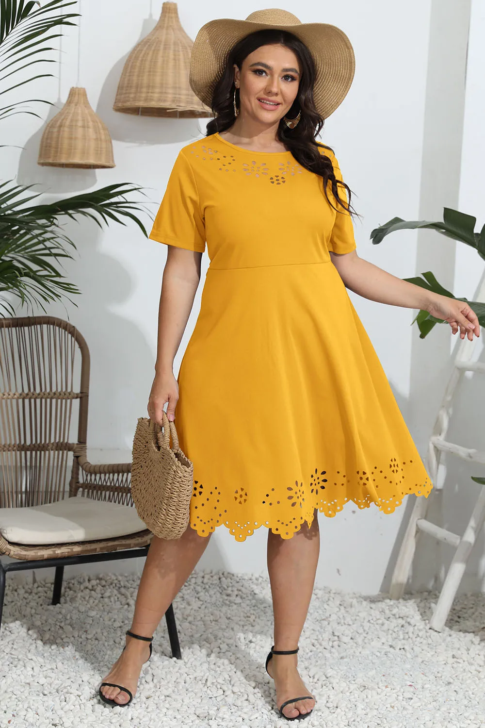 Plus Size Round Neck Openwork Dress, image 9