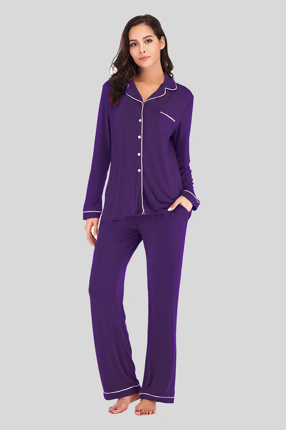 Collared Neck Long Sleeve Loungewear Set with Pockets, image 8