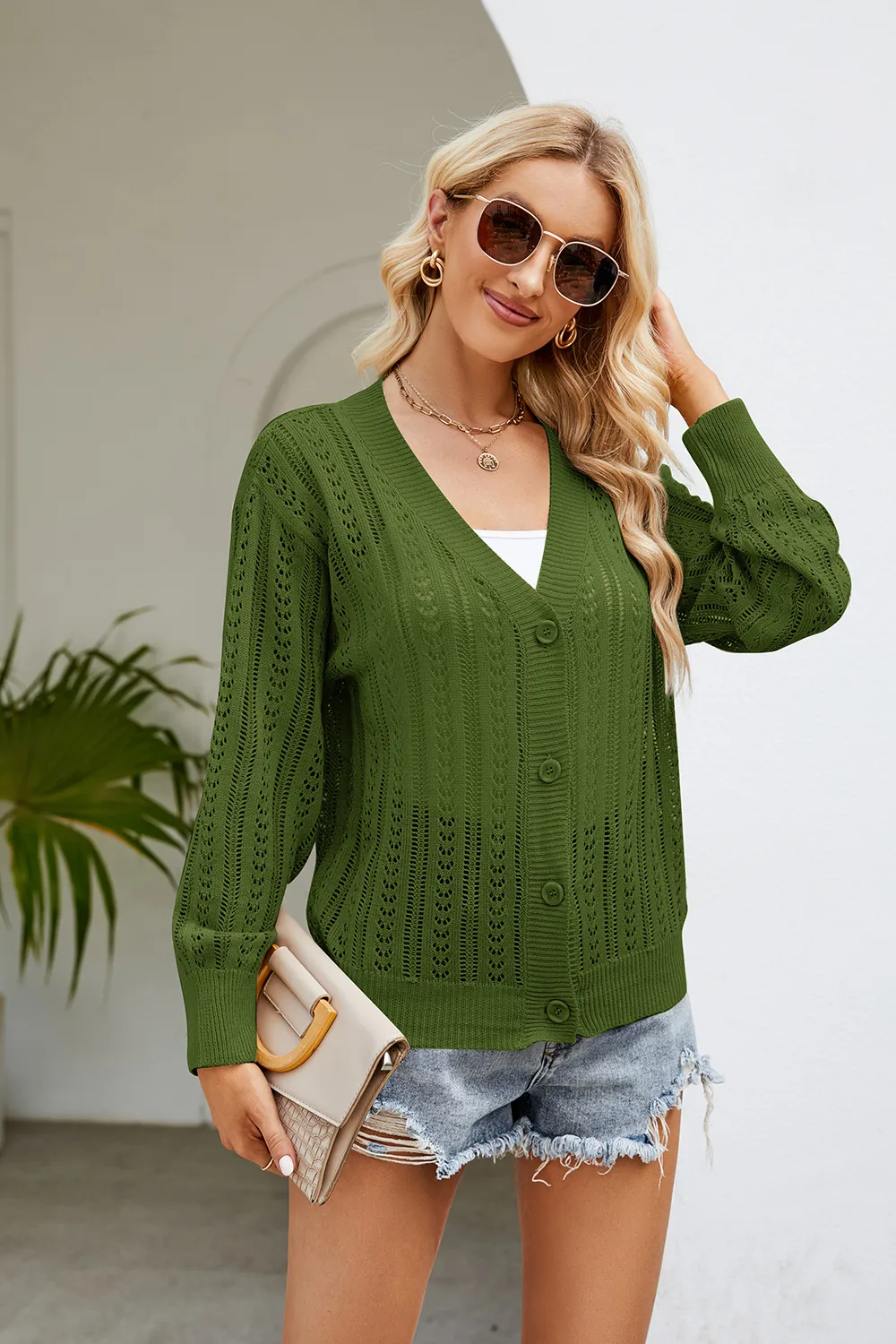 Openwork Button Front V-Neck Cardigan, image 9