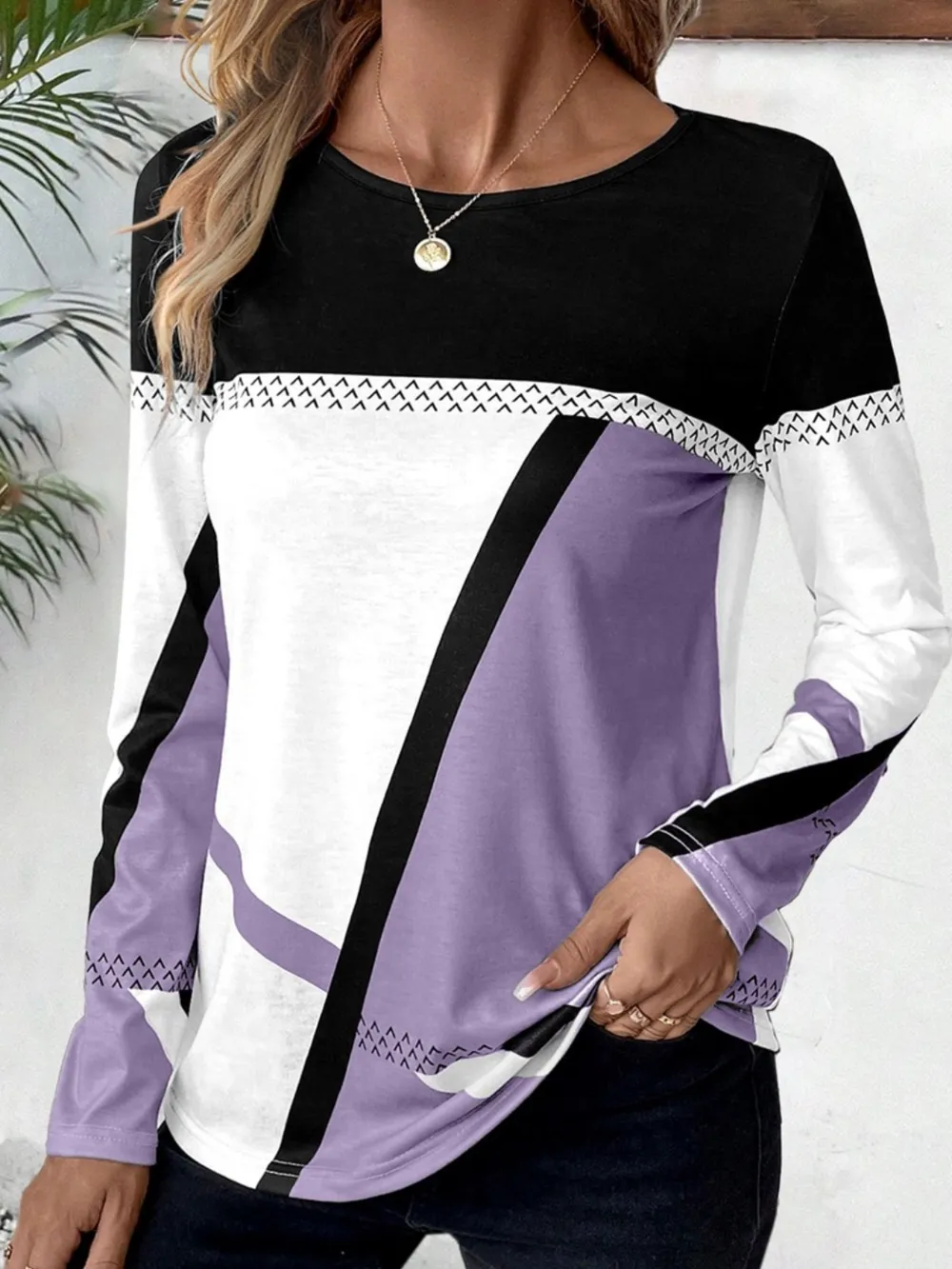 Contrast Round Neck Long Sleeve T-Shirt, image 8