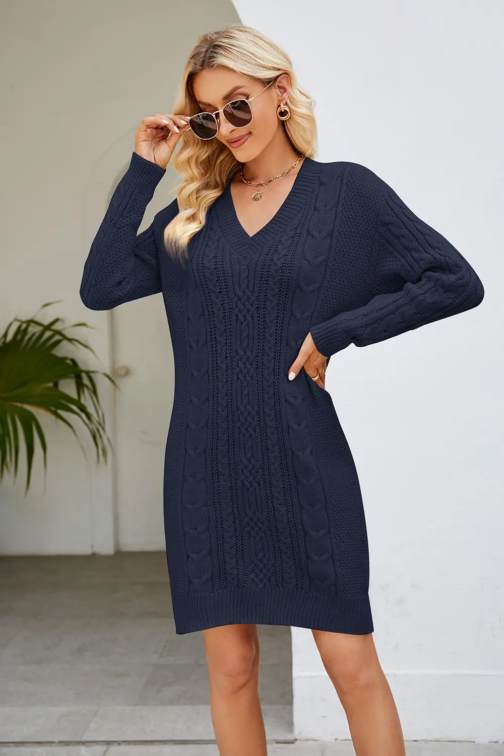 Cable-Knit Long Sleeve Sweater Dress, image 6