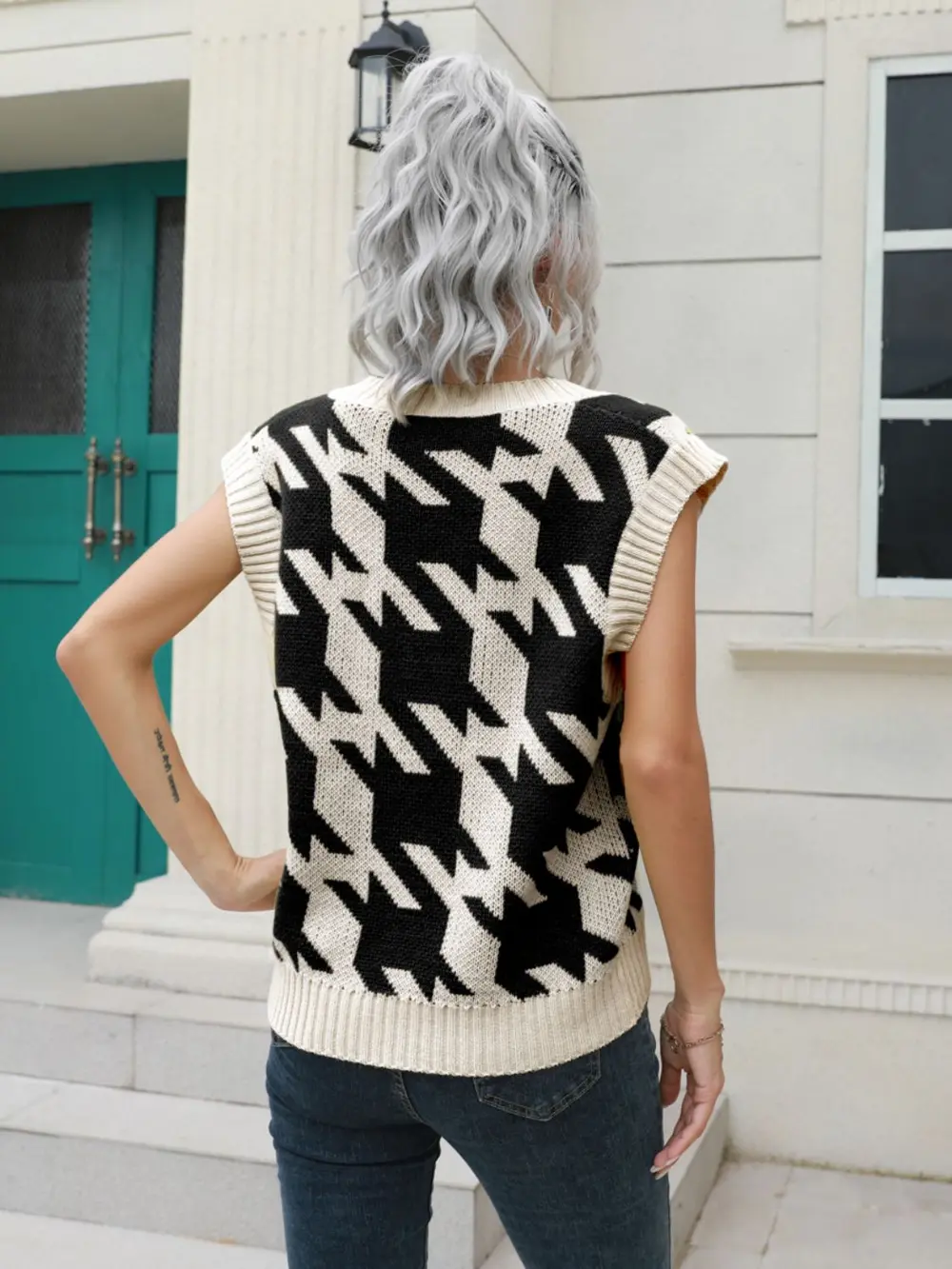 Houndstooth V-Neck Sweater Vest, image 3